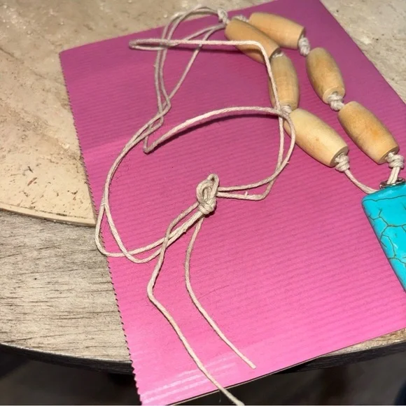 Turquoise Type Pendent Necklace Homemade Wooded Spools Corded Rope 14” Long - Picture 6 of 9